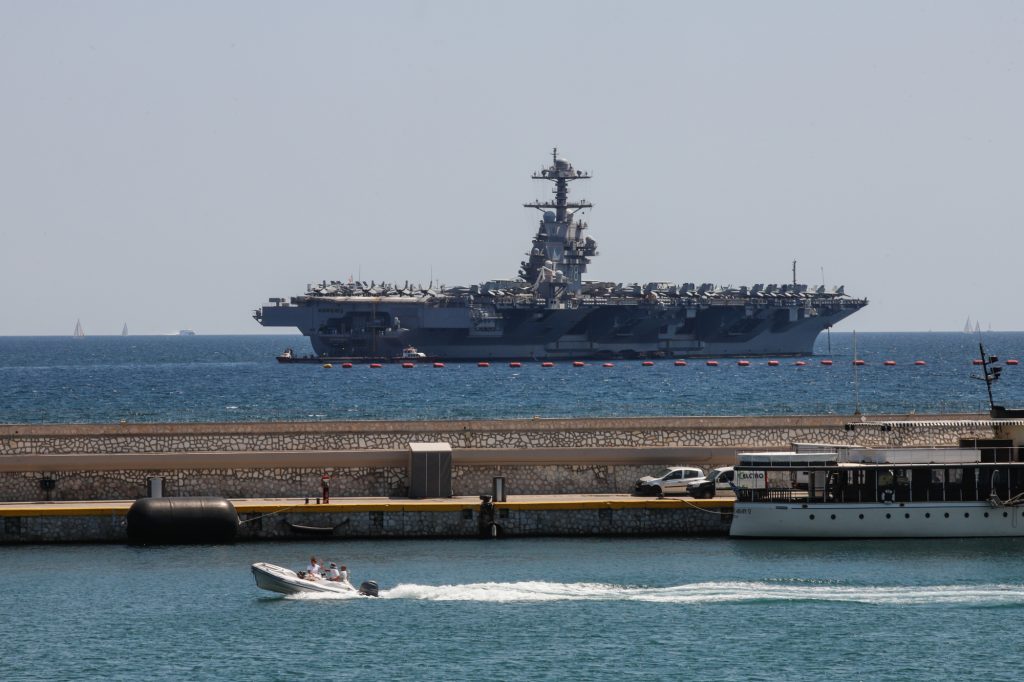 Imposing USS Gerald R. Ford docks off greater Athens area